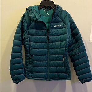 Eddie Bauer women’s dark teal puffer Jacket, size medium